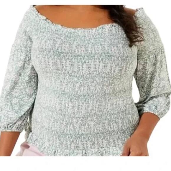 LOFT 3/4 Sleeve Floral Smocked Cropped Off The Shoulder Top, NWT - Picture 1 of 12
